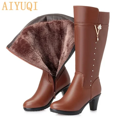 Women's winter boots 2021 new genuine leather female boots size 43 warm high-heeled wool boots women trend riding boots women 924