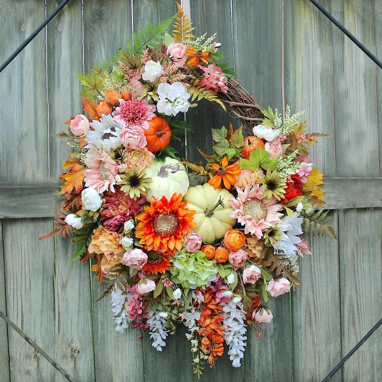 🍁Extra Large Brighter Side of Autumn Sunflower and Pumpkin Wreath, Pink & Orange Fall Floral