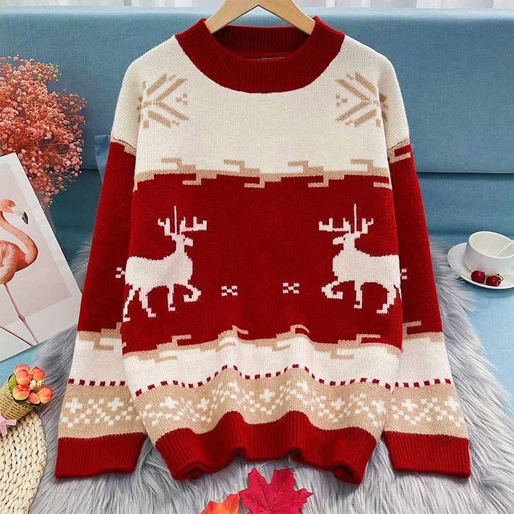 Christmas Reindeer Pattern Colorblock Round Collar Sweater - Modakawa Modakawa