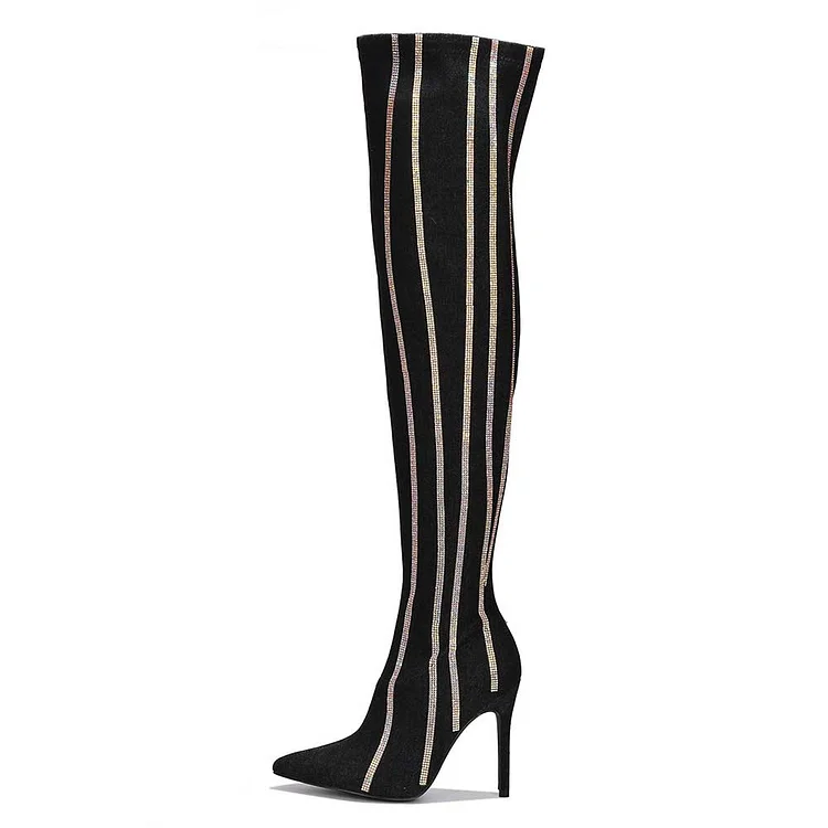 Black Stiletto Heel Rhinestone Striped Thigh Denim Boots for Women |FSJ Shoes