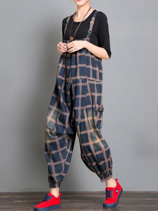 Colleen Denim Harem Overall Dungarees with Plaids Prints