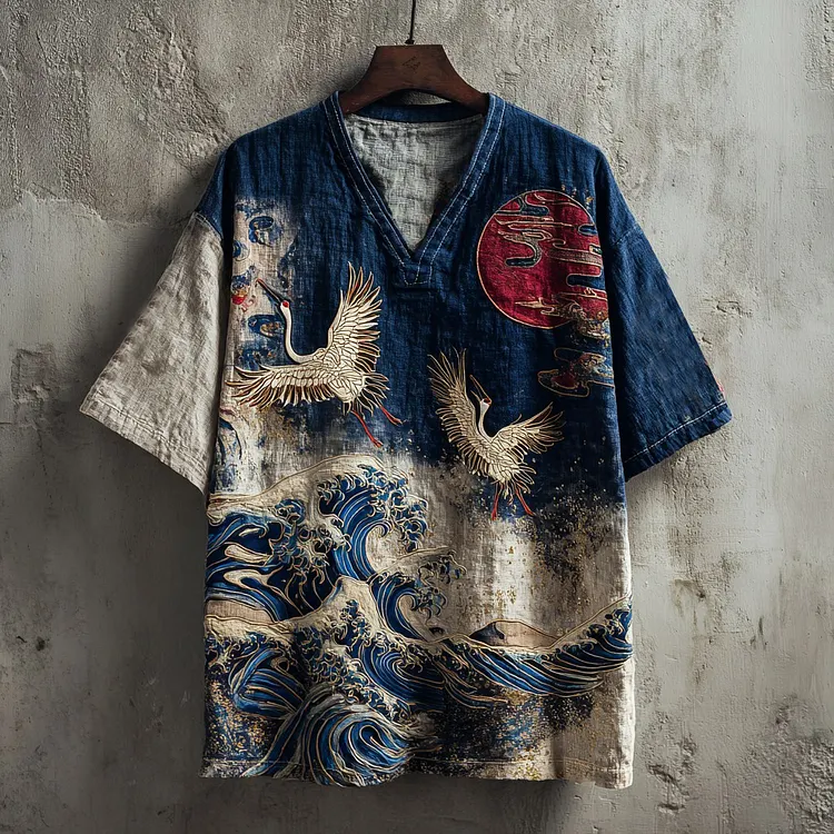 Japanese Pine And Waves Embroidered V-neck Linen Shirt