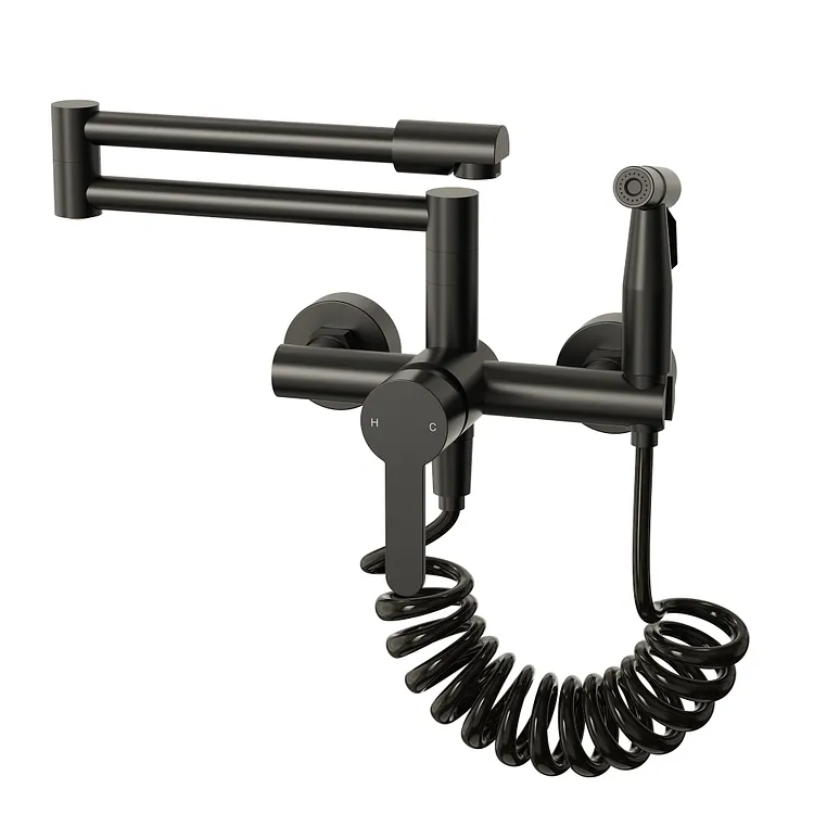 EVERSTEIN Wall Mounted Folding Kitchen Faucet with Side Sprayer Matte Black