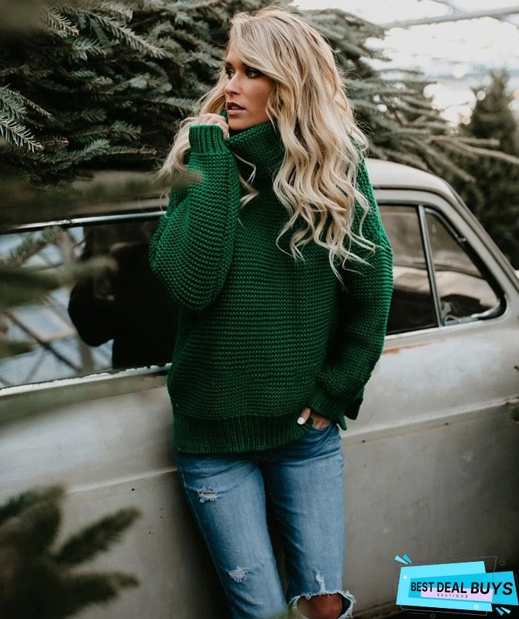 High-Neck Long Sleeves Knitting Sweater Tops