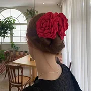 VIVF Three-dimensional Rose Flower Hair Claw Handmade Fabric Flowers Grab Hair Clip Sweet Shark Clip Hair Accessories for Women