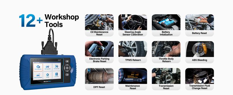 Product Introduction of BLCKTEC 460T OBD2 Scanner with 12 Reset Services. scan Engine/ABS/SRS/Transmission. Oil/TPMS/EPB/SAS/DPF Reset. ABS Bleeding. Auto VIN. Free updates 5