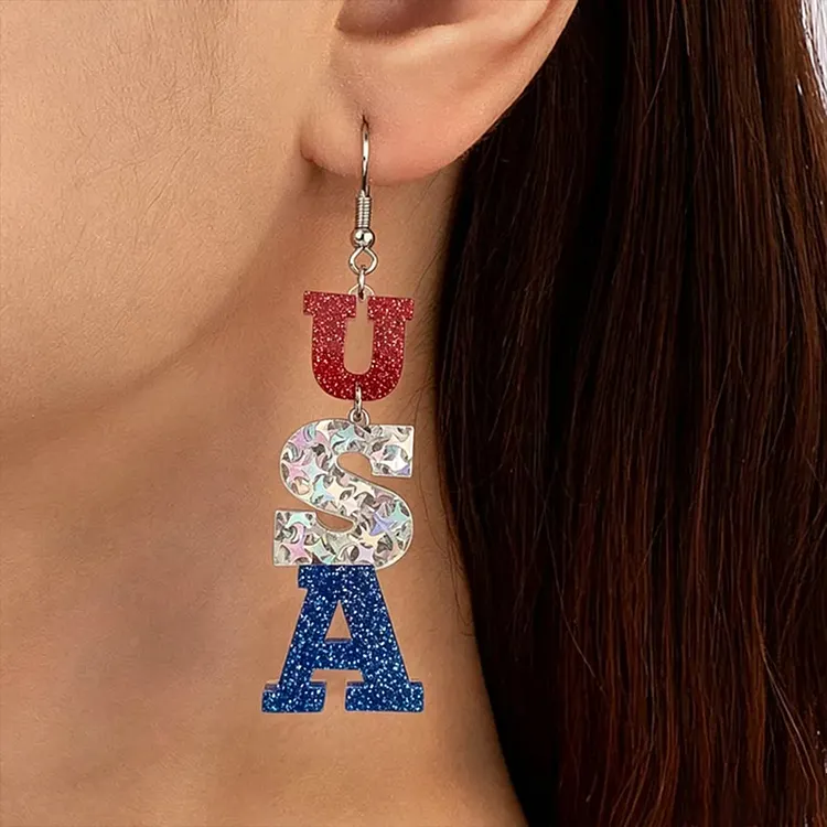 Independence Day Letter Tricolor Patchwork Shiny Minimalist Earrings