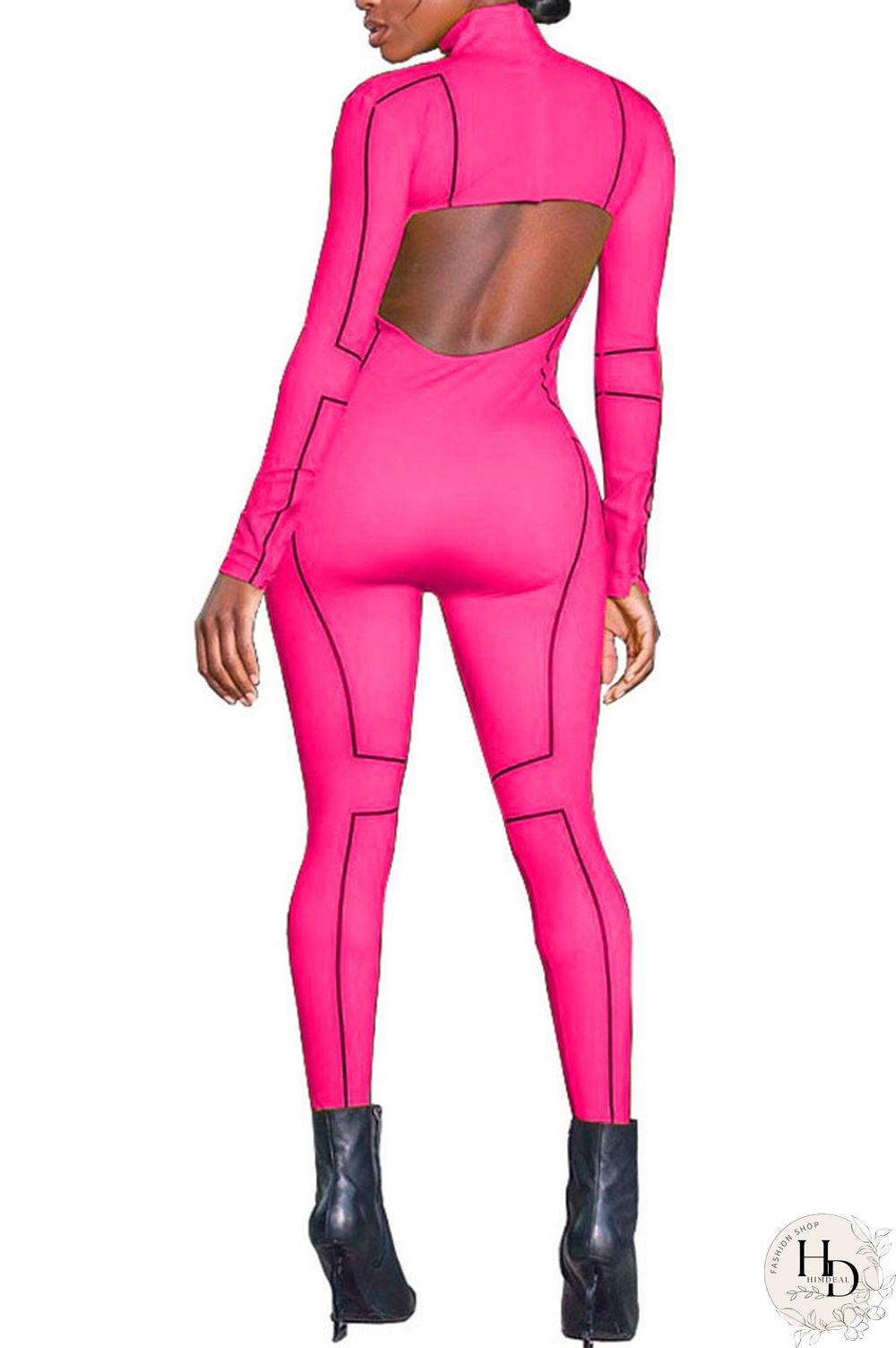 rose red Fashion Print Backless Milk. Long Sleeve O Neck Jumpsuits