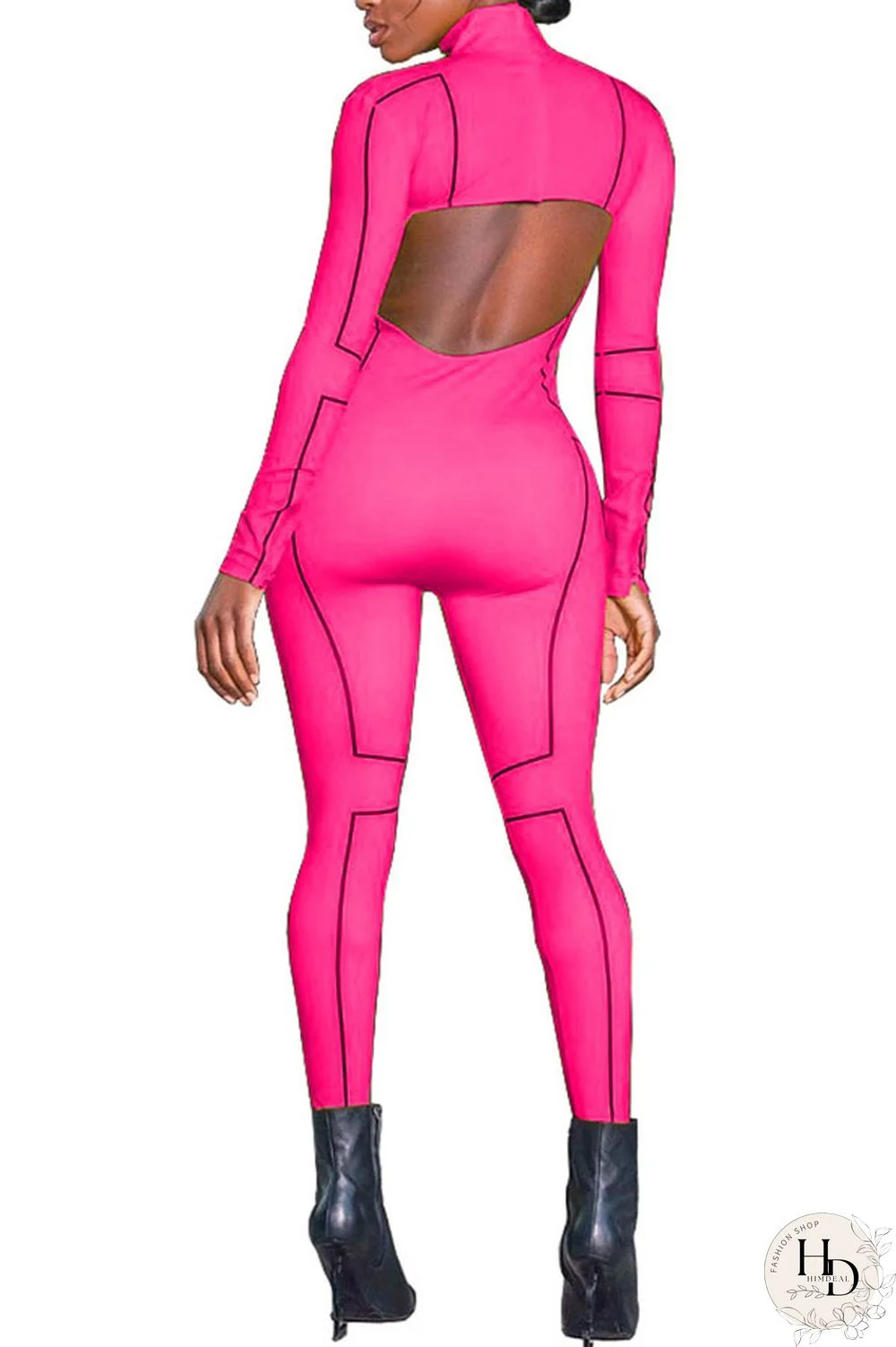 rose red Fashion Print Backless Milk. Long Sleeve O Neck Jumpsuits