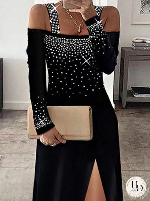 Dresses Hot Rhinestone Sling One Shoulder Slit Dress for Women
