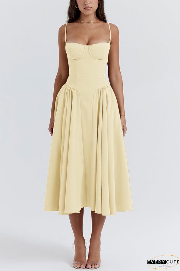 Solid Color Vintage Slim Fit Suspender Pocket Midi Dress