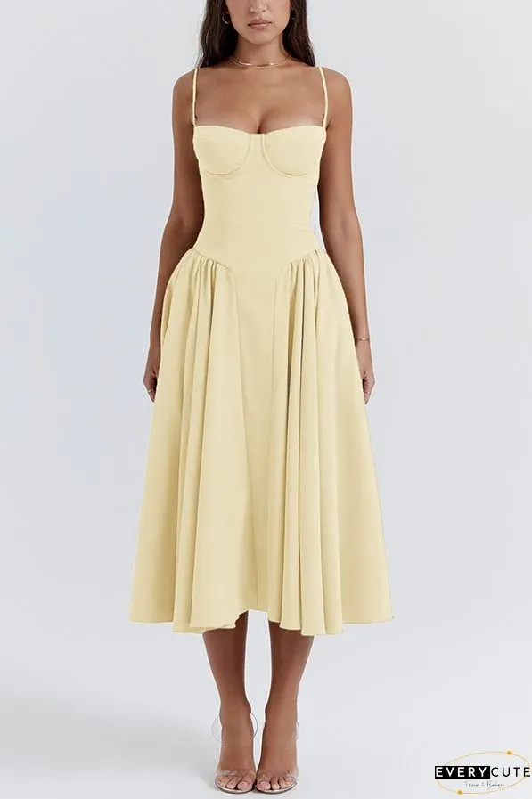 Solid Color Vintage Slim Fit Suspender Pocket Midi Dress