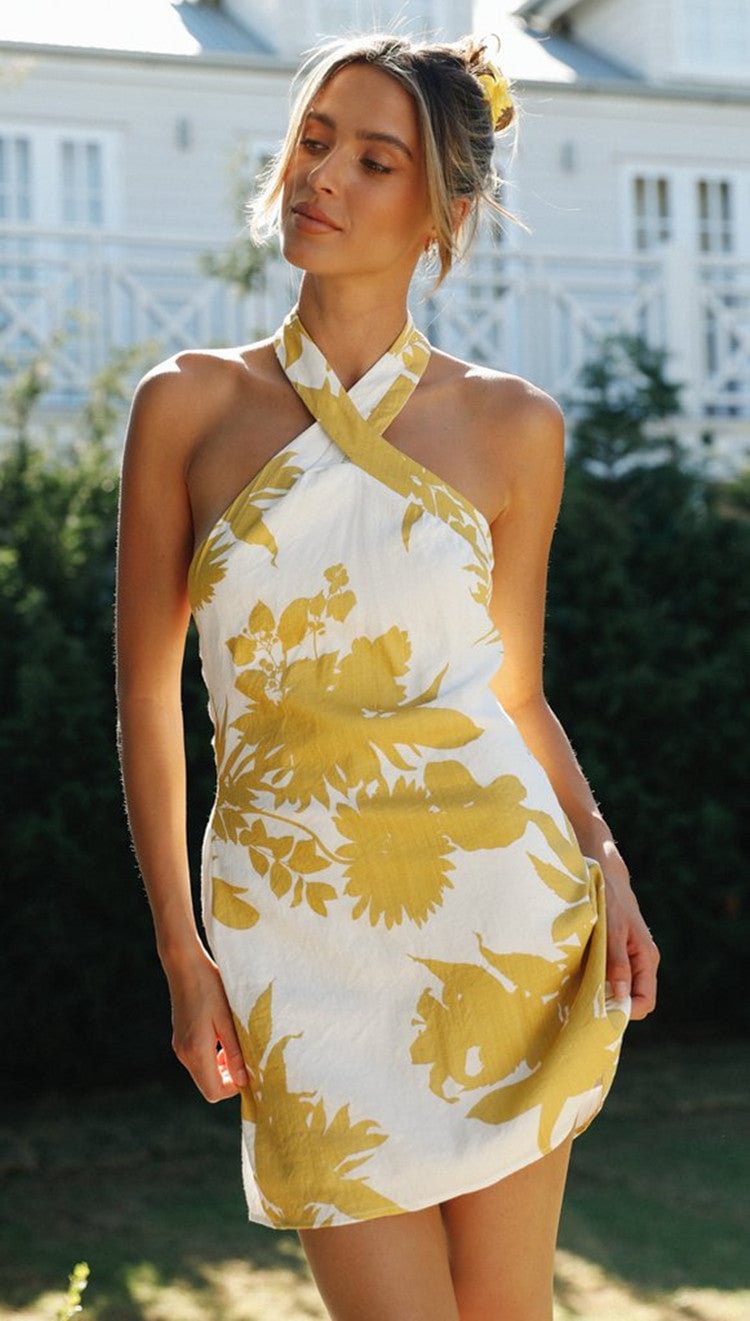 Printed Backless Halter Mini Dresses