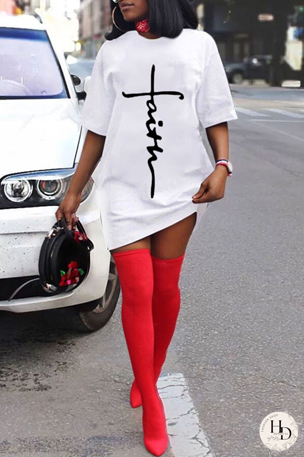 Red Fashion Casual Print Basic O Neck Short Sleeve Dress