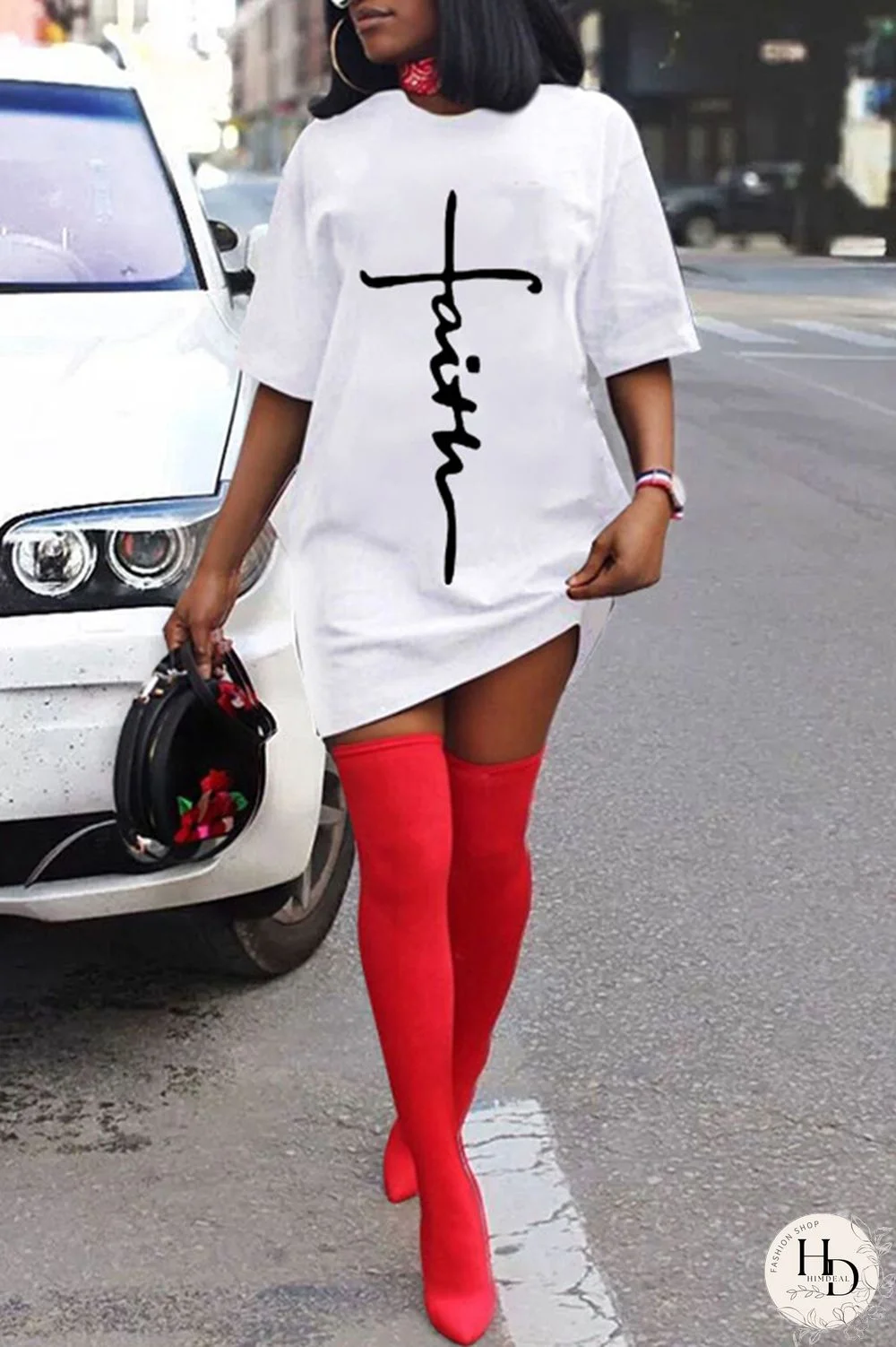 Red Fashion Casual Print Basic O Neck Short Sleeve Dress