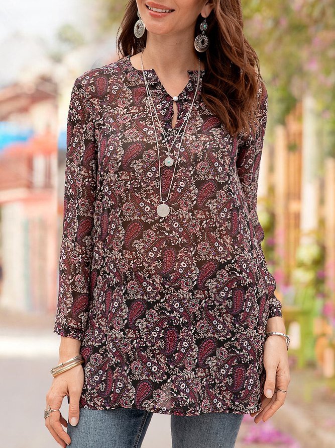 Women Chiffon Buttoned Printed Paisley Blouse