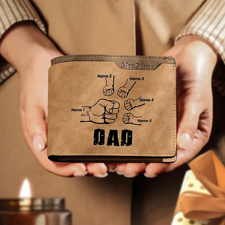 5 Names - Personalized Men Leather Wallet Custom Photo & Text & Name Folding Wallet Fist Bump Wallet Gift for Dad