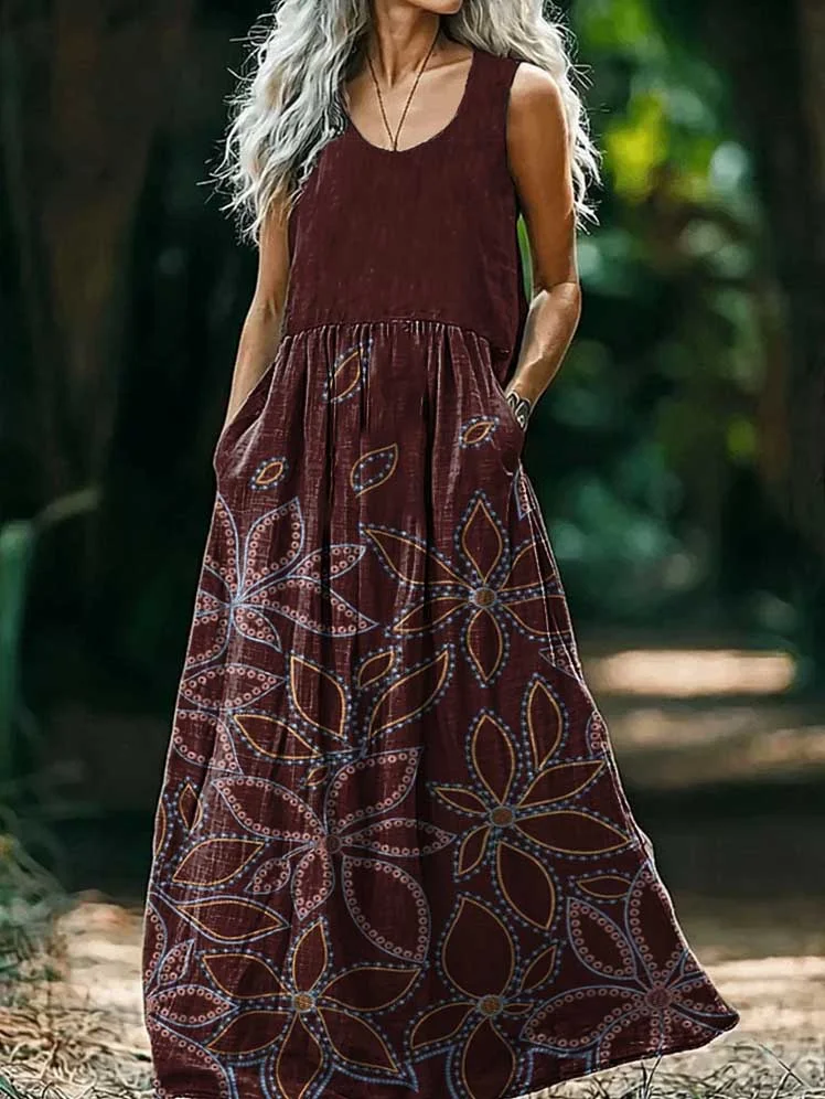 Women's Vintage Ethnic Floral Print Round Neck Sleeveless Cotton Pocket Dress