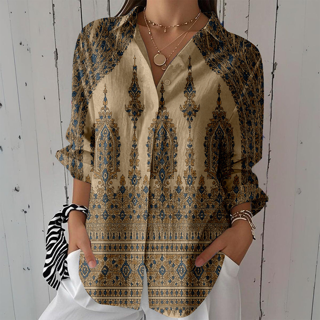Women Long Sleeve V-neck Graphic Floral Printed Top