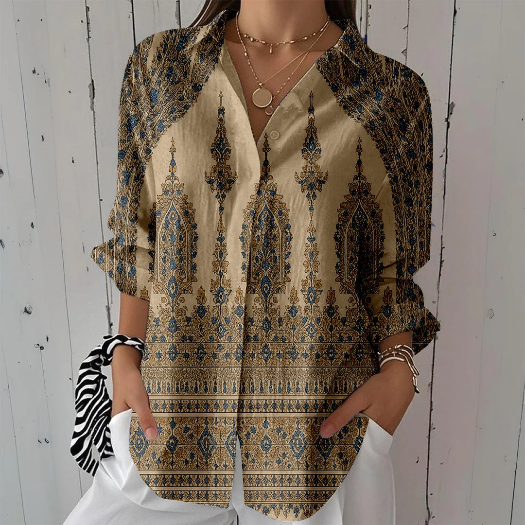 Style & Comfort for Mature Women Women Retro, Bohemian, Khaki DZCL0190 3/4 Sleeve Shirt Collar Printed Button Tops