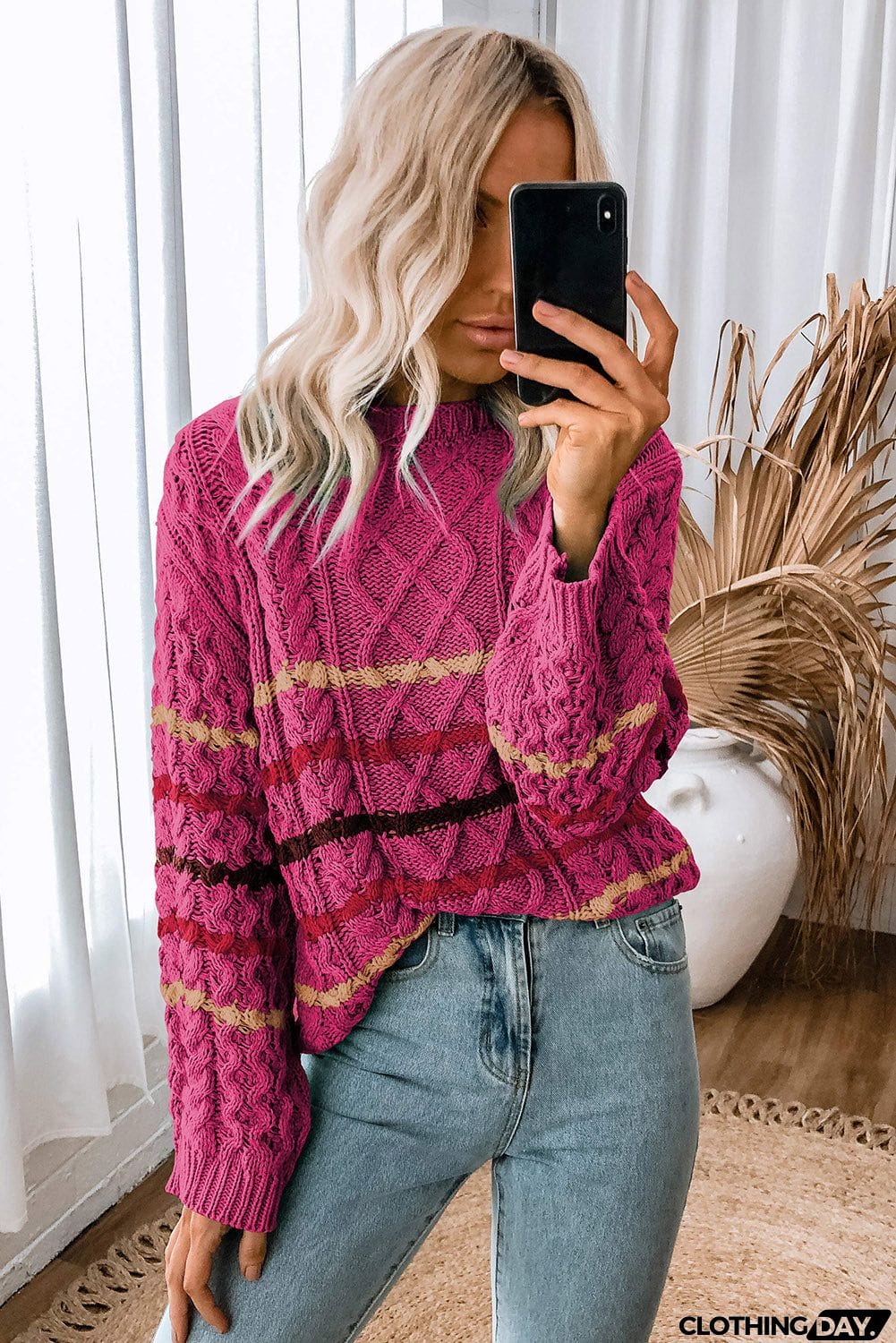 Striped Color Block Textured Knit Pullover Sweater