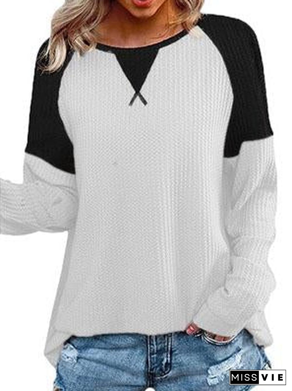 Women's Long Sleeve Scoop Neck Stitching Tops