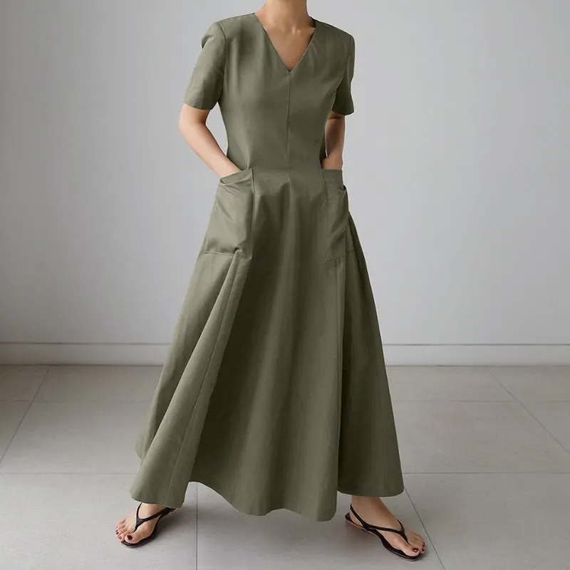 ZANZEA Elegant Women Summer Maxi Sundress Stylish V Neck Short Sleeve High Waist OL Work Long Vestidos Casual Solid A-line Dress