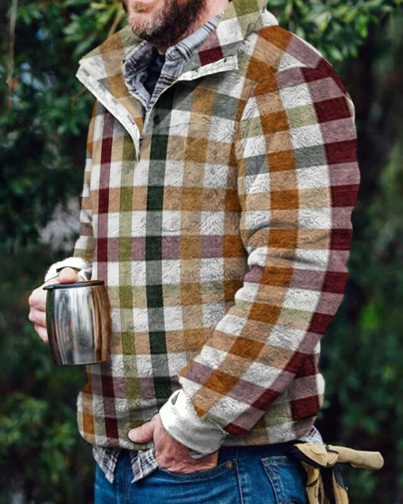 Men's Retro Long Sleeve Fuzzy  Standing Collar Sweatshirts plush Pullover a7b3