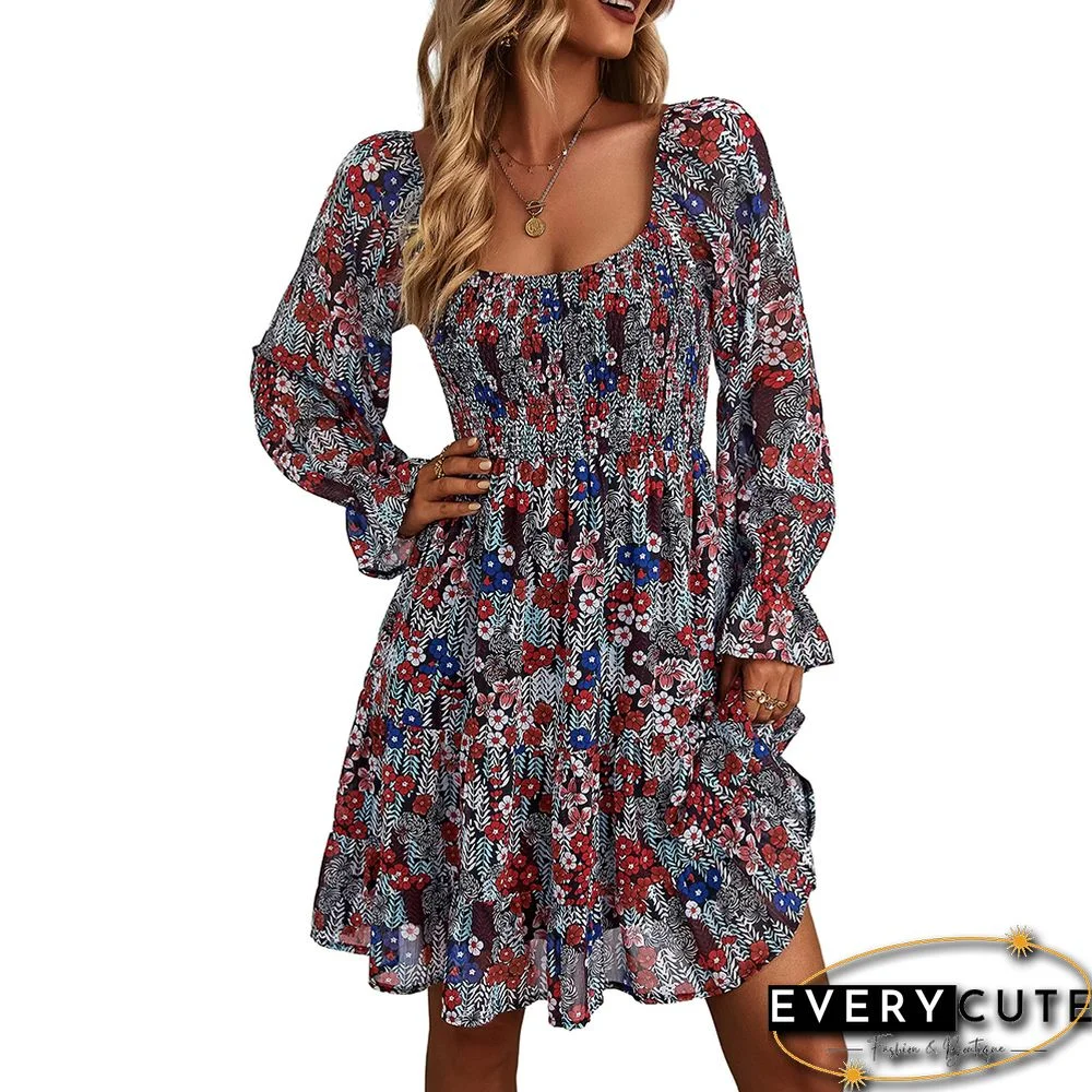 Red Pleated Off Shoulder Floral Dress