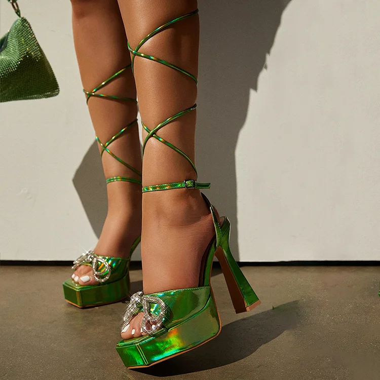 Green Square Toe Platform Heels Rhinestone Bow Mirror Leather Sandals |FSJ Shoes