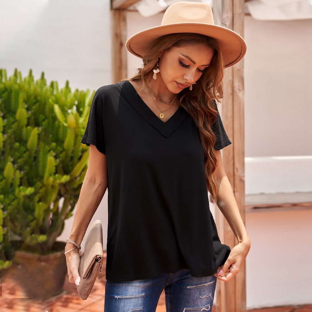 Pure Color Simple Casual Short-sleeved Top T-shirt Polyester