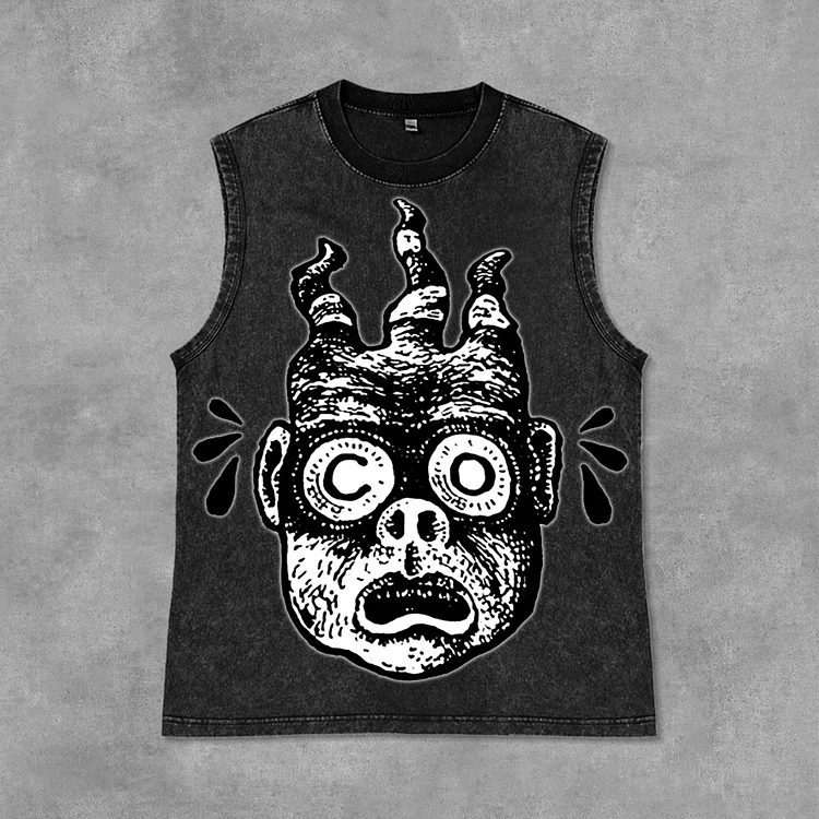 Funny Cartoon Avatar Graphics Print Casual Acid Washed Sleeveless Tank Top SOPULA