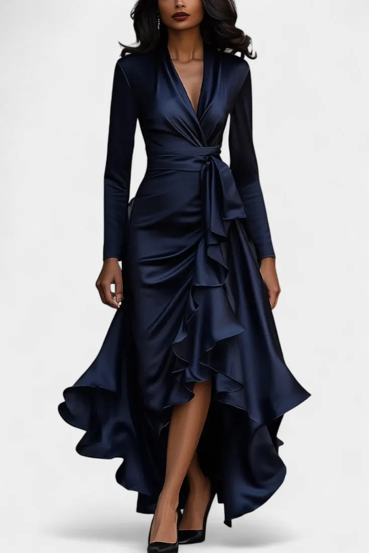 Deep Satin Wrap Dress with Ruffled Hem
