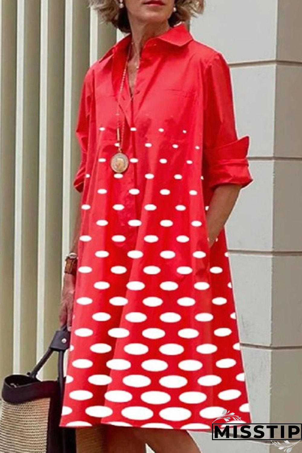 Black Casual Print Polka Dot Patchwork Buckle Turndown Collar Shirt Dress Dresses