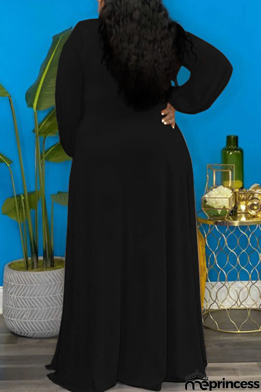 Deep Blue Elegant Solid Split Joint Frenulum High Opening V Neck Long Sleeve Plus Size Dresses