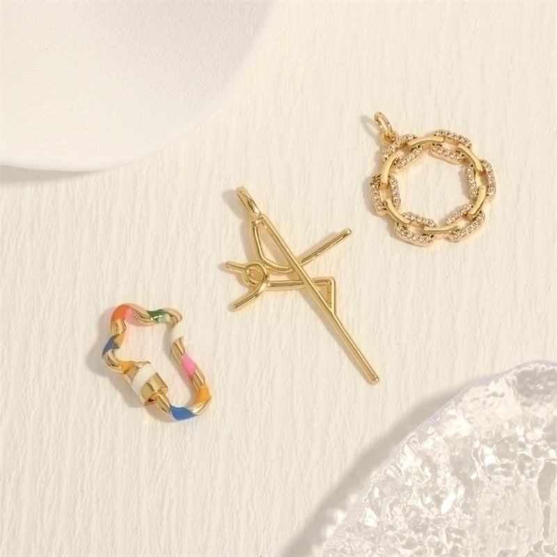 Minimalist Cross Copper Enamel Plating Inlay Zircon 18k Gold Plated Charms