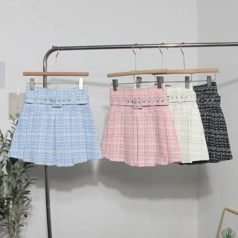 Uveng Real Shooting S-2XL With Belt Coarse Flowers, Composite Bright Lattice Skirt A Word Fluffy Bunk Skirt 1210