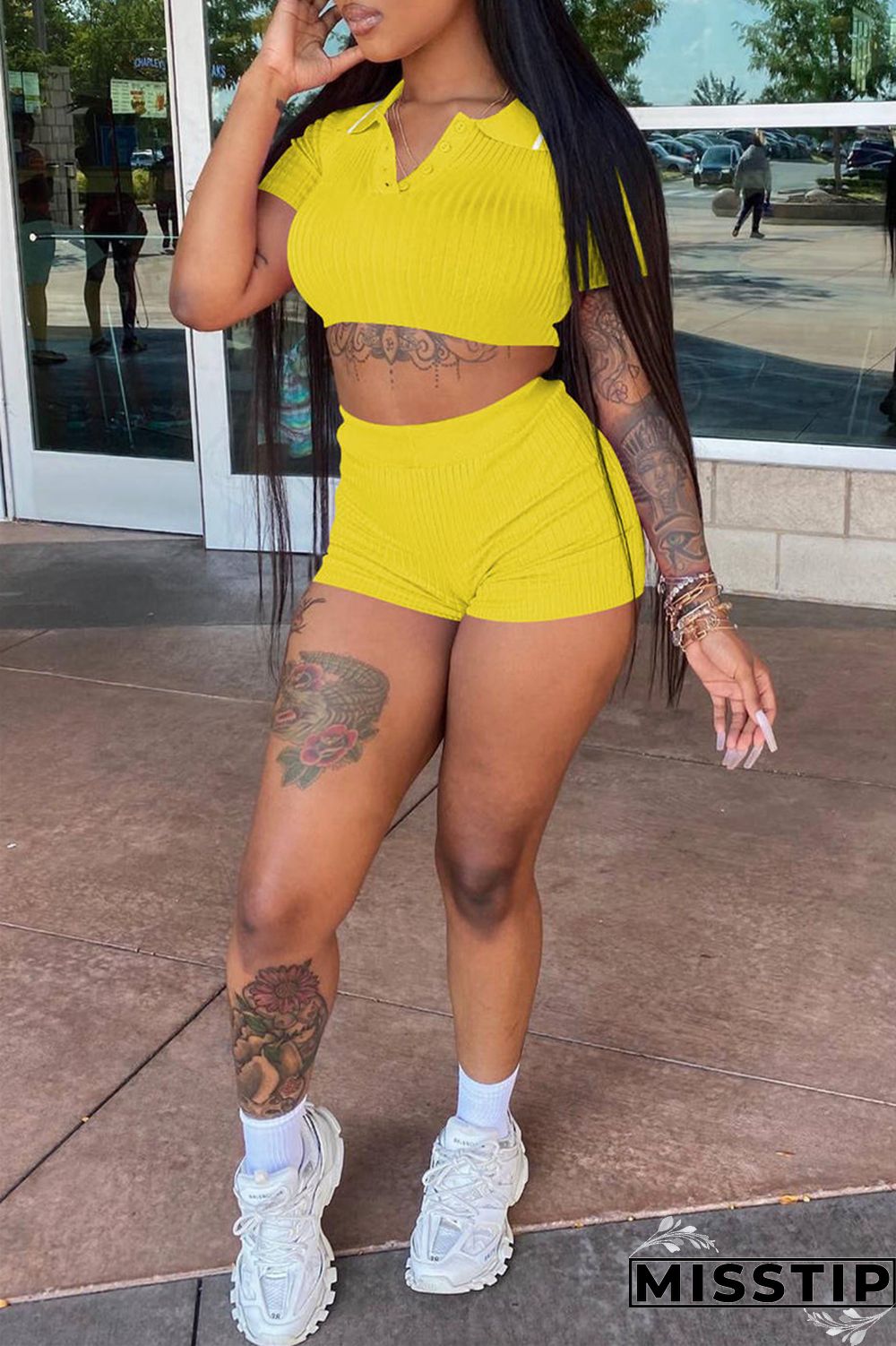 Black Fashion Casual Solid Basic Turndown Collar Short Sleeve Two Pieces