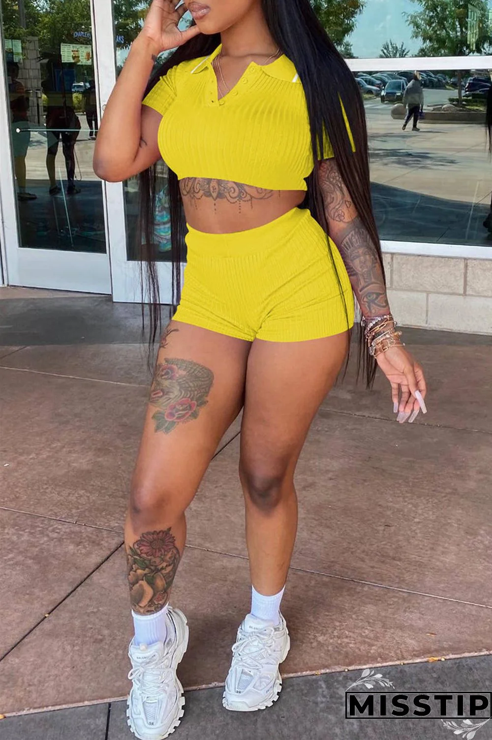 Black Fashion Casual Solid Basic Turndown Collar Short Sleeve Two Pieces