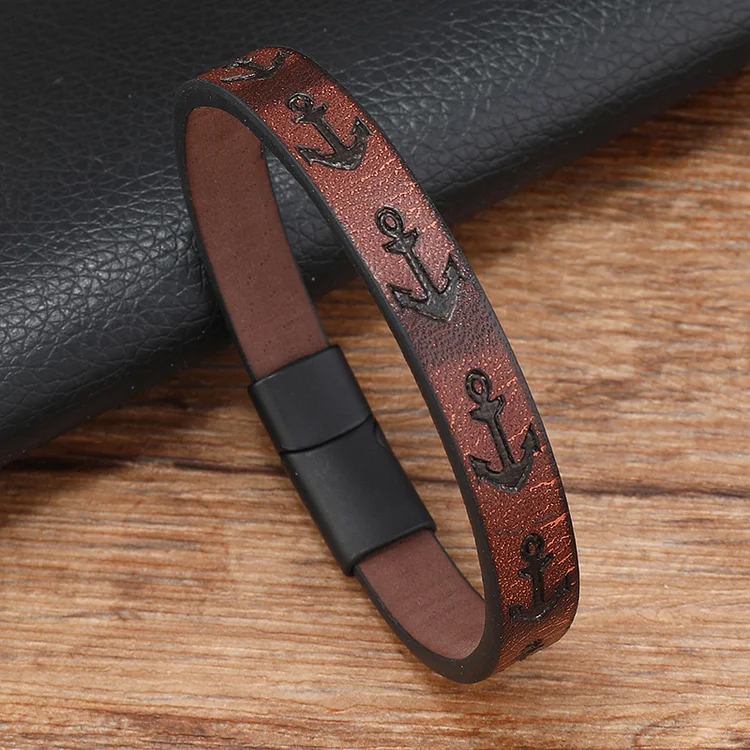 Retro Pu Leather Bracelet Anchor Print Magnetic Buckle Bracelet