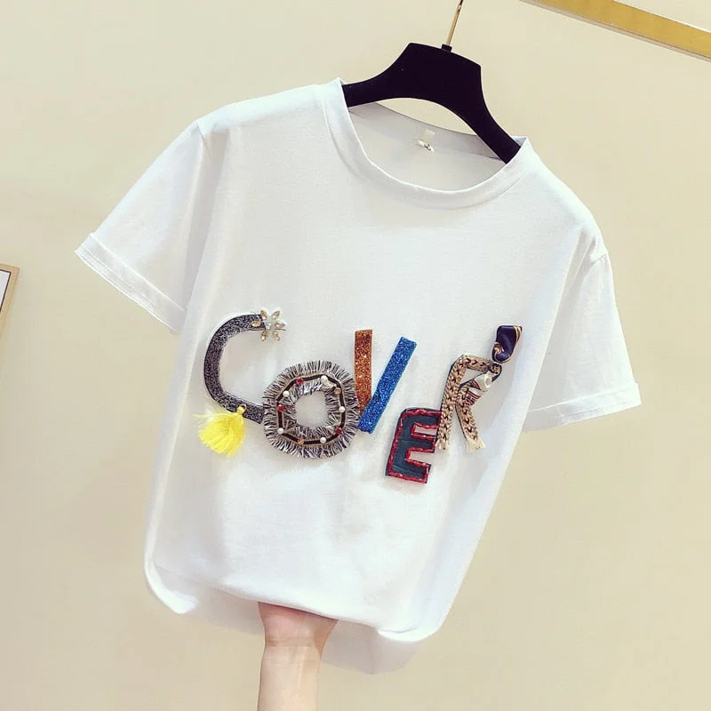 NEEDBO T shirt Women Cotton Casual O-Neck Sexy T-shirt Women Oversize Letter Tshirt Femme White Tees Tops Tee Shirt Femme