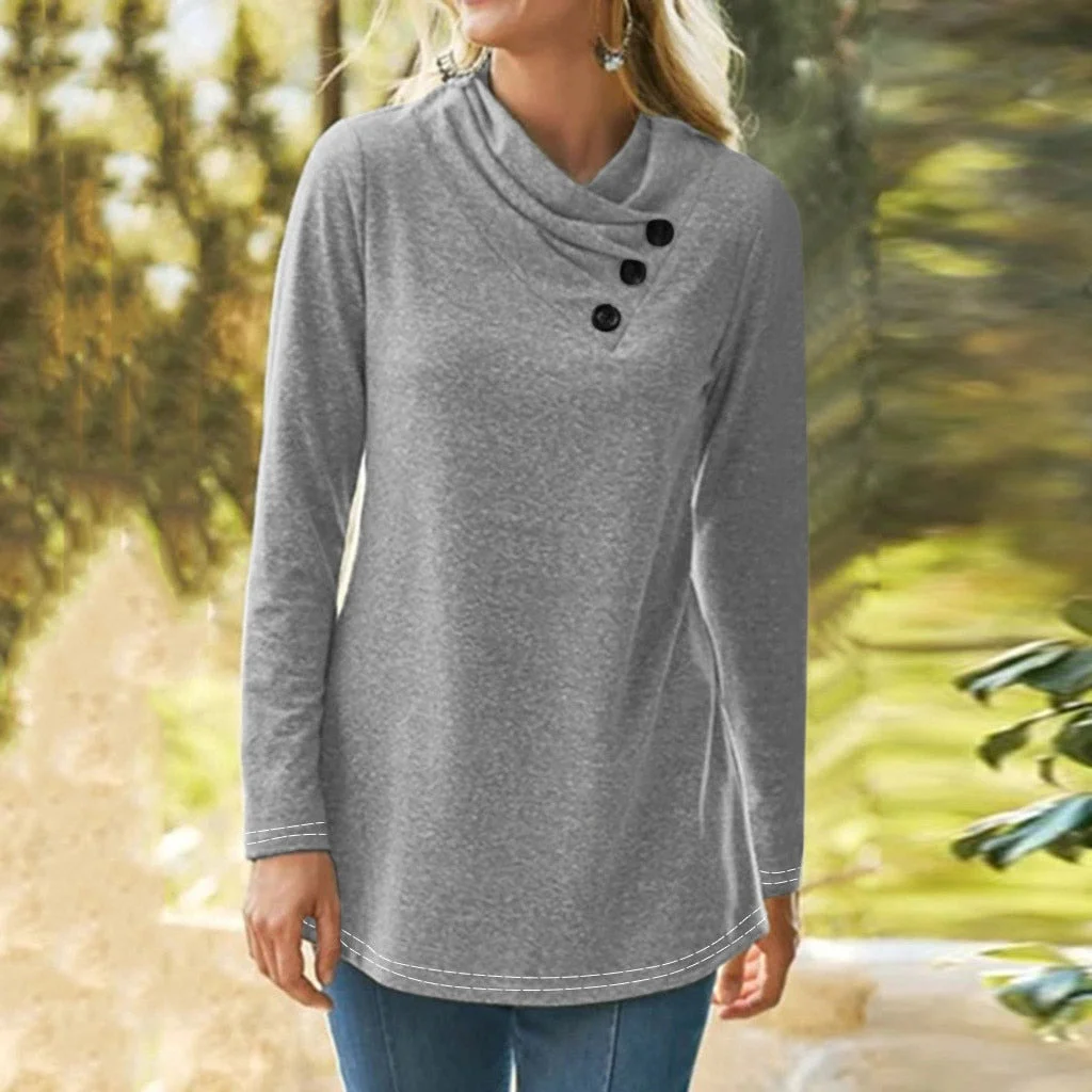 Fashion Solid Buttons Blouse Shirt Turtleneck Tops Tee Casual Autumn Winter Top Ladies Female Women Long Sleeve Blusas Pullover