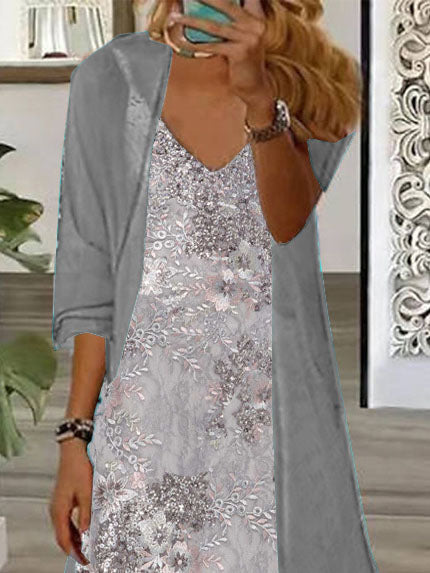 Women Half Sleeve V-neck Solid Color Dress