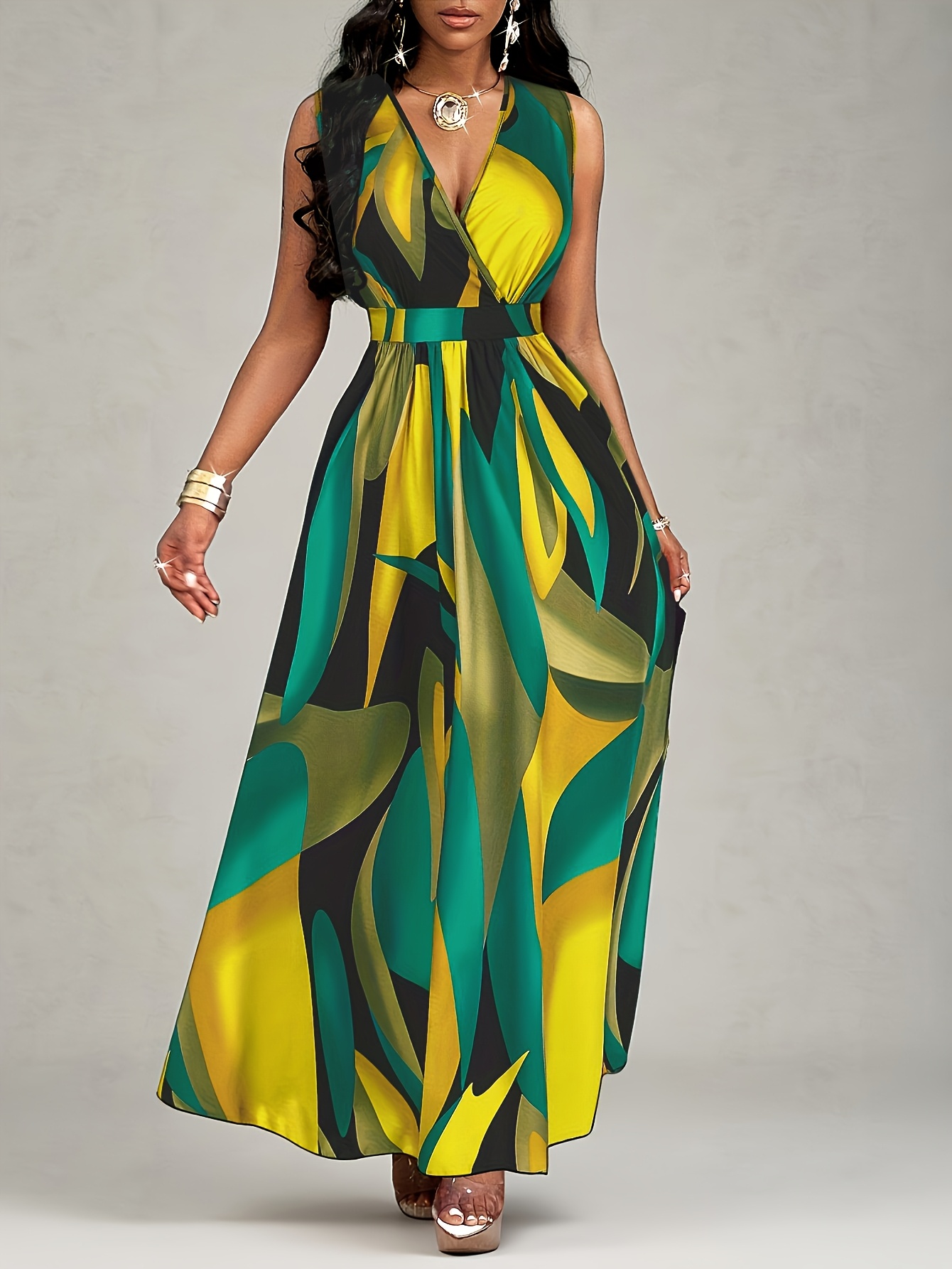 Vibrant Yellow & Green Leaf Pattern Elegant Tropical Print V-Neck Maxi Dress For Women - Sleeveless, Flowing A-Line Silhouette, Perfect For All Season | IFYHOME