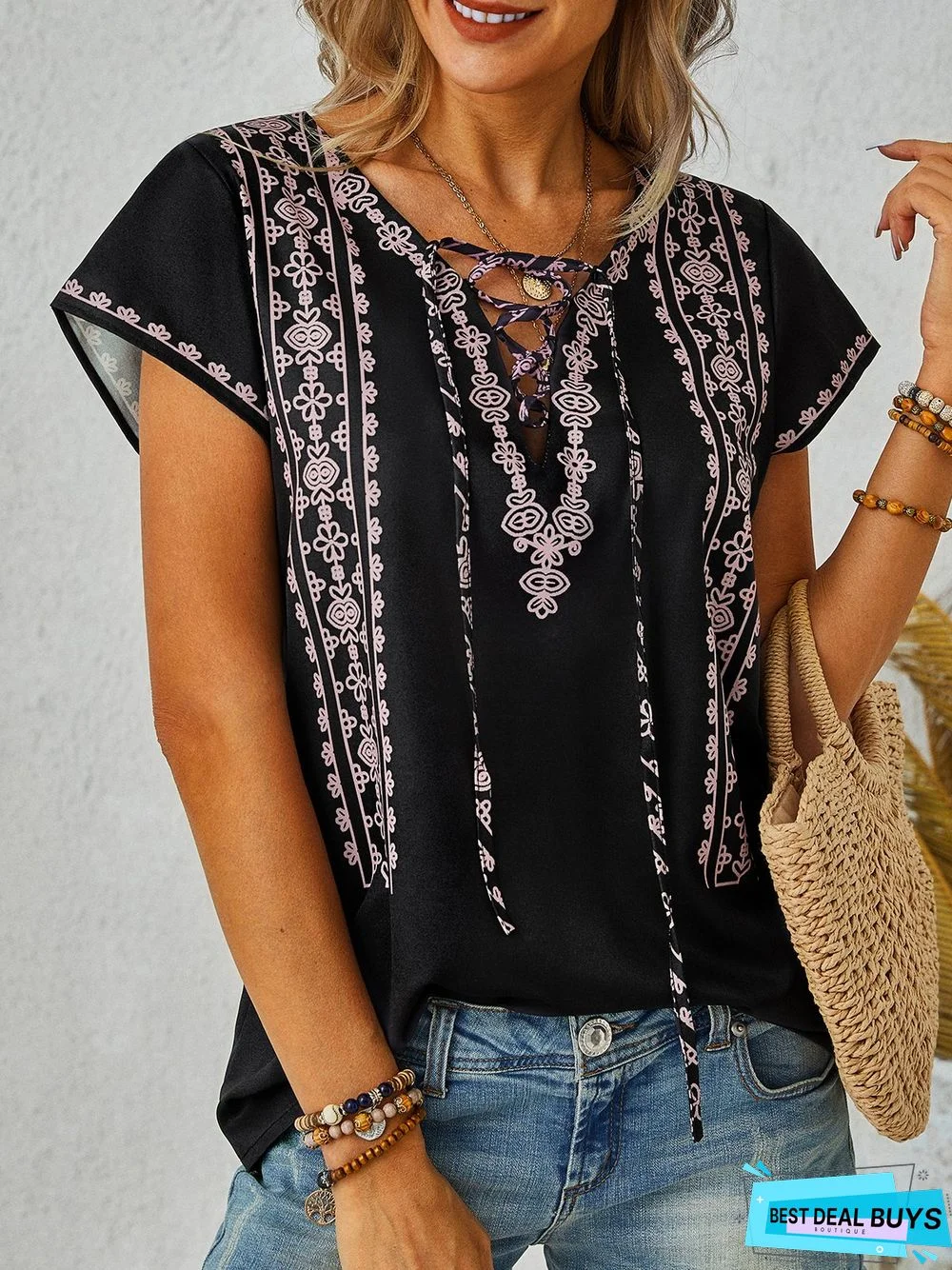 Tribal Floral Geometric Printed Boho Loosen Lace-Up V Neck Cross Short Sleeve Top