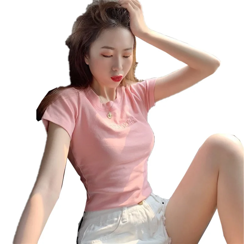 Uveng Uveng 2024 New Korean Letter Embroidered Slim Short-Sleeve T-Shirt Women's Wear