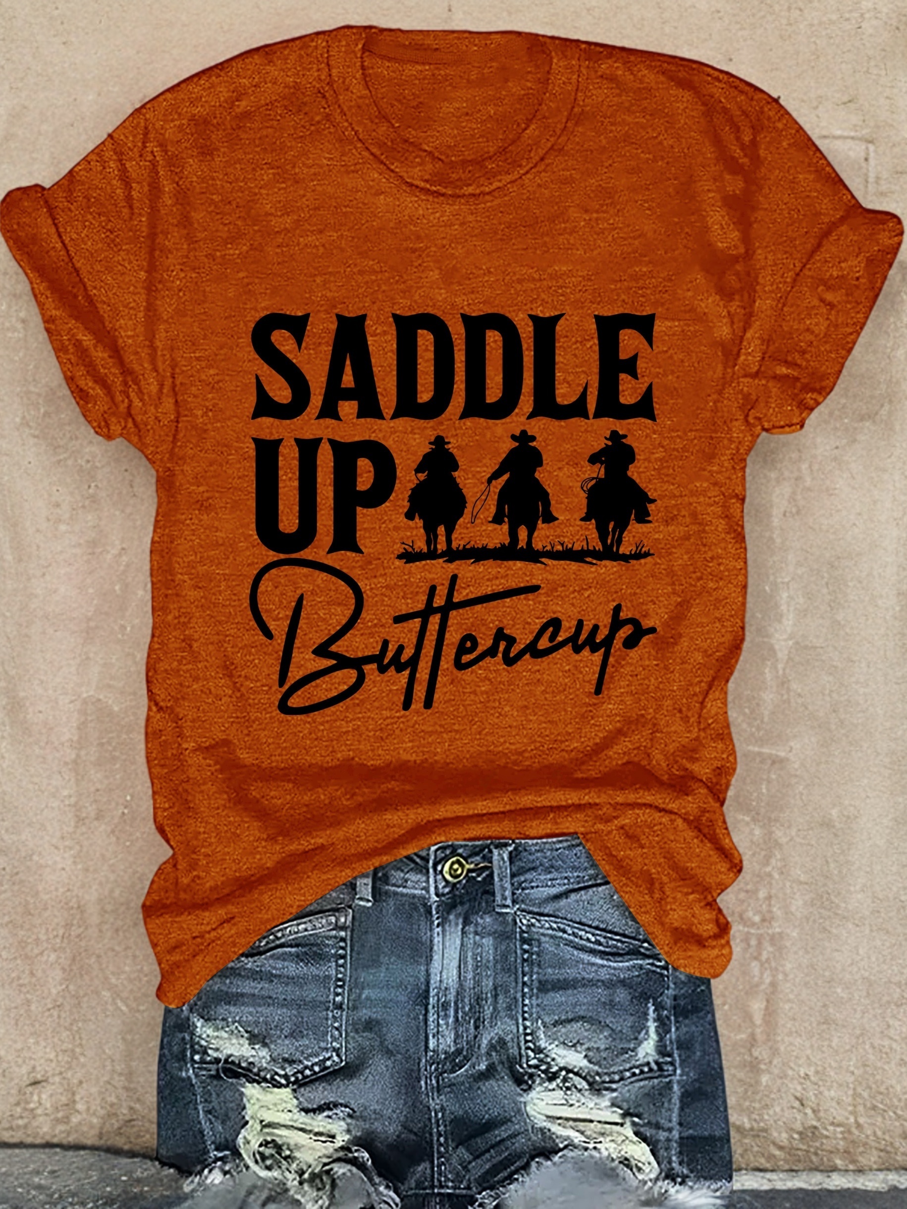 Women's Western Cowgirl Print T-Shirt - Saddle Up Buttercup Graphic, Black With White Lettering, Round Neck Casual Tee, Medium Stretch, Machine Washable, All-Season Comfort, Ladies T Shirts, Summer Outfit, Cowboy Theme, Mediumstretch Fabric | IFYHOME