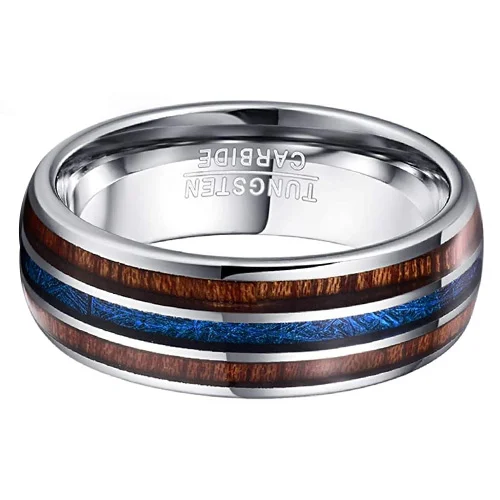 6MM 8MM Women Men Tungsten Carbide Domed Hawaiian Koa Wood Blue Imitated Meteorite Inlay Carbon Fiber Couple Wedding Bands