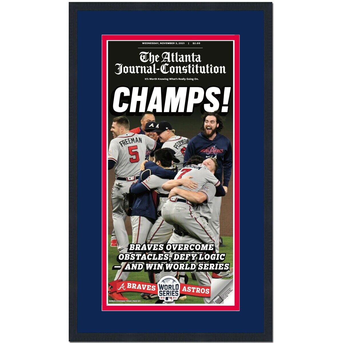 Framed The Atlanta Journal-Constitution Braves 2021 World Series Newspaper 17x27