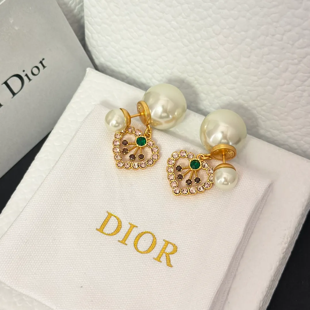 Dior Color Gem Heart Dangle Pearl Earrings